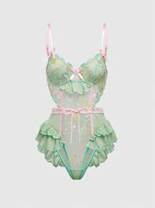 ROMWE Kawaii Body sexy con bordados florales, volantes y lazo hecho a mano con aros para mujer, ideal para un resort romántico