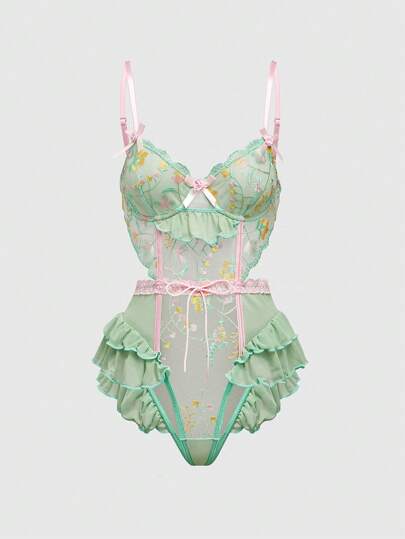Kawaii Romantic Resort Floral Embroidery Ruffle Trim Bowknot Handmade Underwire Sexy Bodysuits For Women