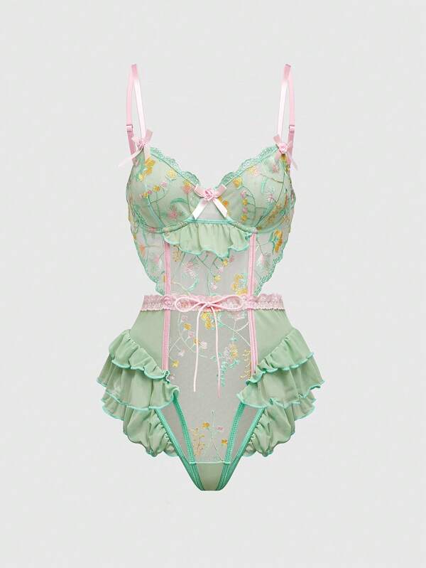 ROMWE Kawaii Body sexy con bordados florales, volantes y lazo hecho a mano con aros para mujer, ideal para un resort romántico