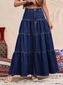 Vivid Eden 女士休闲度假蓝色多层荷叶边长假夏季牛仔裙女士西部风波西米亚风