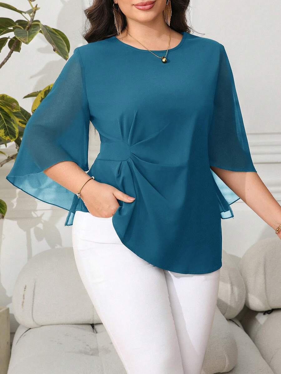 Reflora Áo sơ mi thời trang cổ tròn tay chuông màu trơn cỡ lớn cho nữ - Màu xanh ngọc - Xem 1