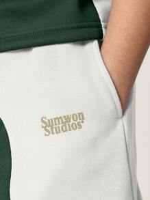 SUMWON 休闲宽松撞色夏季套装卫衣短袖运动套装时尚街头风青少年春夏装 - 綠色 - 查看 6