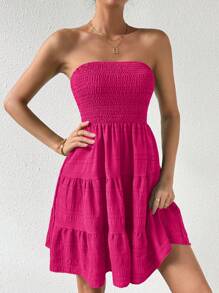 EMERY ROSE Women's Solid Color Strapless Multi-Tier Hem Vacation Dress - Hot Pink - View 3