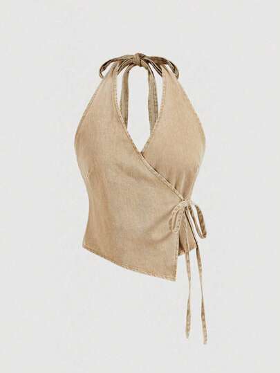 Selenza Camisa vaquera informal sin mangas con nudo delantero para mujeres