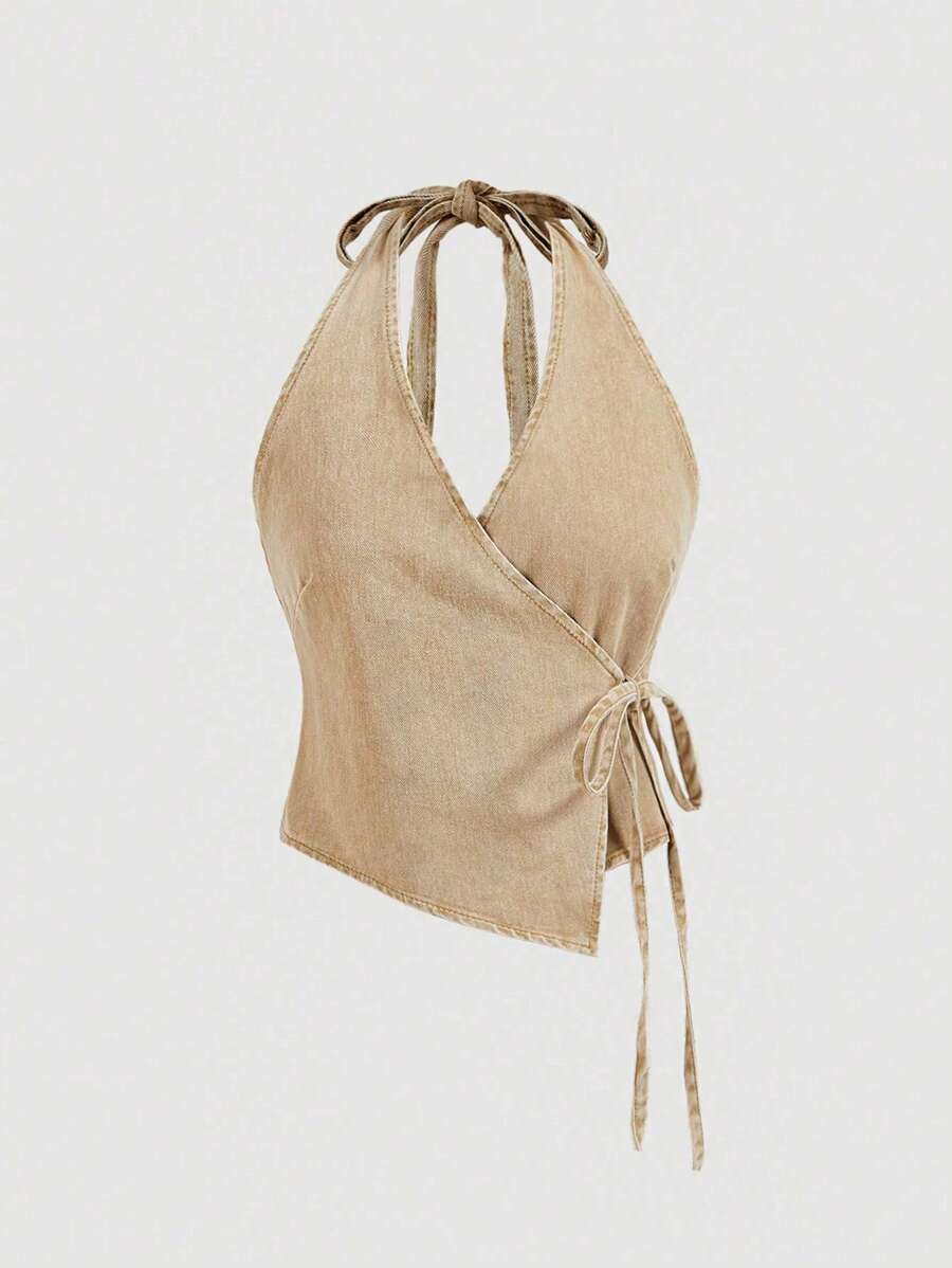 SHEIN Frenchy 女士休闲前系带无袖牛仔衬衫 - 卡其色 - 查看 1