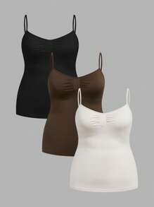 Calvaya 3pcs/Set Women Plus Size Fashion Casual Pleated Camisole Top - Black - View 1