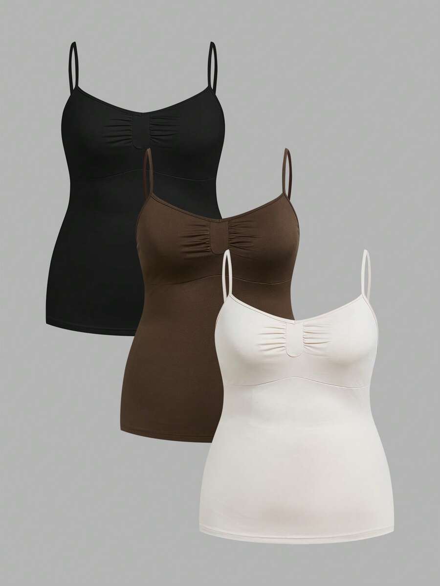 Calvaya 3pcs/Set Women Plus Size Fashion Casual Pleated Camisole Top - Black - View 1