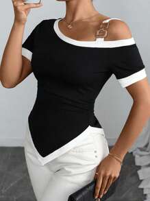 Elenzga 女士优雅金属扣装饰松紧腰褶皱斜肩短袖拼接不对称下摆 T 恤，适合日常休闲、旅行、海滩、音乐节、通勤、春夏季 - 黑與白 - 查看 5