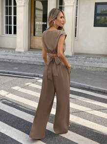 Serisse 2pcs Women Summer Casual Solid Color Cropped Top And Full Length Pants Set Winter Brown Spring - Coffee Brown - View 2