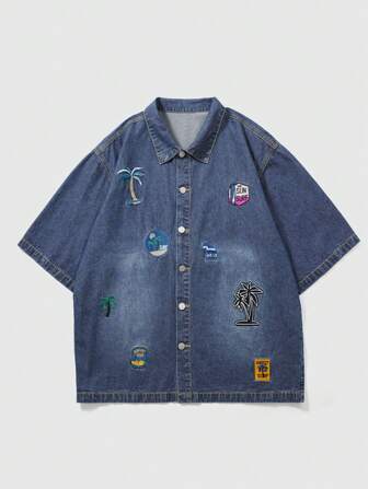 Street Life Camicia di jeans casual usurata da uomo con ricamo di palme