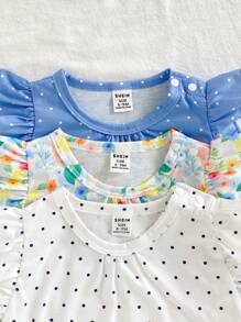 SHEIN Vintaside Kids 女婴三件套夏季连体裤，可爱昆虫图案，带短袖和下摆，休闲户外装 - 彩色 - 查看 3