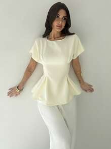Firerie Chemise élégante et simple à manches courtes pour femmes avec design plissé et ceinture à la taille, style vintage texture bambou abricot, convient pour le trajet, les vacances, la remise des diplômes, l'usage quotidien