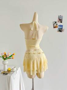 Soleia Women Holiday Summer Yellow Lace Splice Ruched Halter Top + Double Layer Lace Ruffle Mini Skirt Set, Suitable For Holiday Dates, Afternoon Tea, Beach, Cruise, City, Music Festival, All Seasons - Yellow - View 2