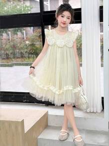 青少年女孩夏季透明花卉金箔连衣裙 - 杏色 - 查看 4