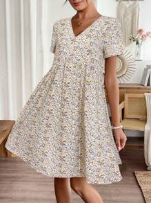 EMERY ROSE 女式度假碎花V领短袖宽松娃娃裙短款连衣裙