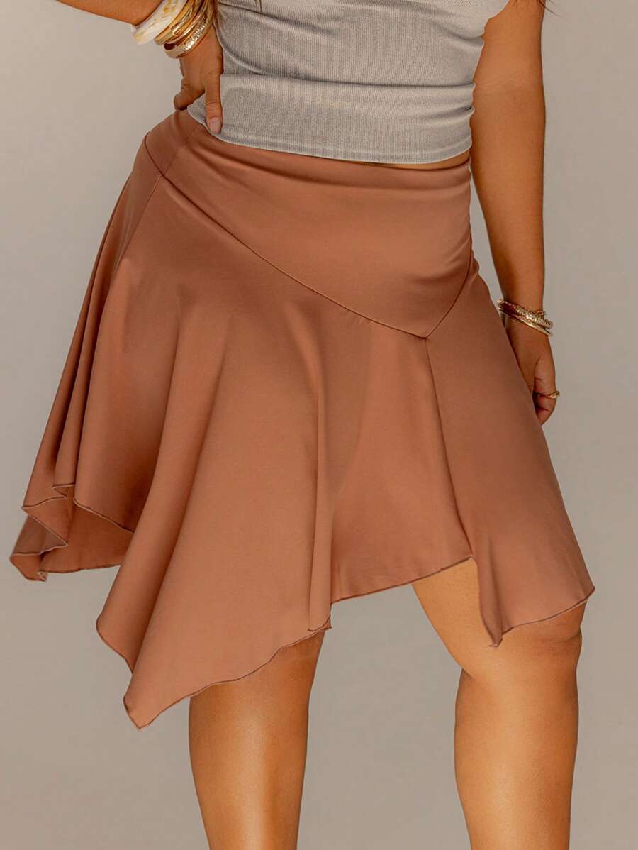 Aralina Curve Women Asymmetrical Hem V Waist Flowing Boho Summer Outfits Skirt - Brown - View 1
