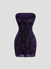 Sweetra 女式复古美式镂空露背天鹅绒花卉印花修身迷你连衣裙，无袖，夏季 - 紫色 - 查看 2