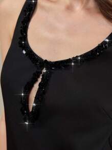 Muvela Ärmelloses Damen-Mini-Paillettenkleid mit Fransen-Saum und Hohlausschnitt, Outfit für Ferien, Geburtstagsparty