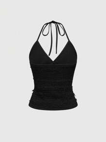ROMWE Kawaii Women's Retro Garden Fairy Embroidered Lace 3D Butterfly Halter Neck Tank Top - Black - View 4
