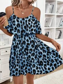 SHEIN Clasi Women's Leopard Print Cold Shoulder Ruffle Hem Strap Vacation Dress Night Out Vacation Blue Leopard Print Summer Sexy - Blue - View 6
