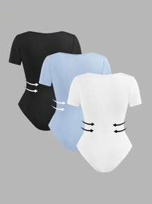 SHEIN EZwear 3pcs Set Multi-Color Square Neck Bodycon Short Sleeve Bodysuit, Suitable For Summer And Daily Wear