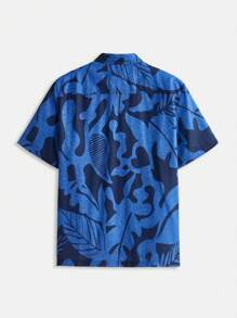 SHEIN Maija 2025 春夏新品男士宽松翻领休闲衬衫，蓝色夏季艺术涂鸦印花，适合海滩、度假、派对、婚礼宾客、浪漫郊游 - 藍色 - 查看 9