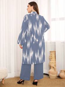 Lacomfia 2pcs/Set Plus Size Casual Commute Minimalist Long Shirt With Random Print, Stylish 2 Pieces Set Fall Cloth For Women - Dusty Blue - View 2