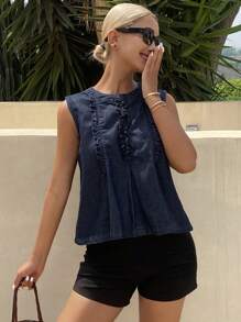 Livesso Top de mezclilla casual sin mangas, con pliegues, ribete de volantes, ajustado, para mujer, de verano