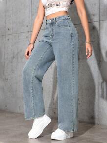 SHEIN سراويل جينز سيدات بقصة ساق مستقيمة وفضفاضة، بجيوب مناسبة للاستخدام اليومي