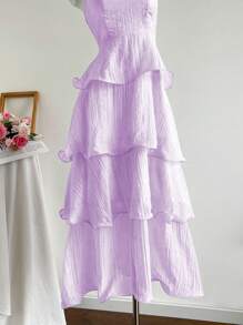 Elamini 纯色性感露背多层连衣裙 - 淡紫色 - 查看 5