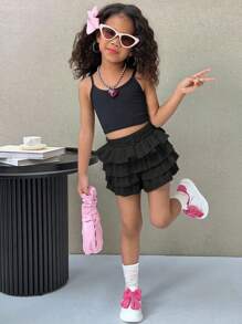 年轻女孩时尚纯色修身休闲短裤 - 黑色 - 查看 3