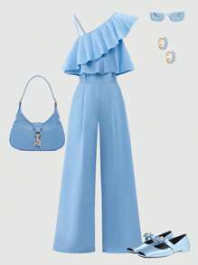 Sparklyn 1 套女童欧美时尚设计斜肩上衣和高腰阔腿裤，时尚、优雅、实用的服装，飘逸柔软，宽松舒适 - 藍色 - 查看 1