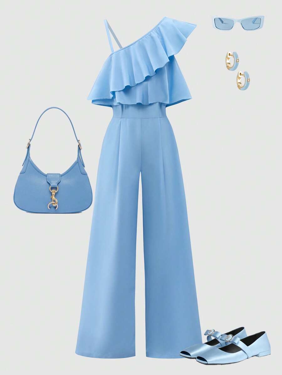 Sparklyn 1 套女童欧美时尚设计斜肩上衣和高腰阔腿裤，时尚、优雅、实用的服装，飘逸柔软，宽松舒适 - 藍色 - 查看 1