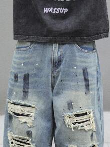 Manfinity EMRG Jeans de mezclilla de estilo callejero para hombres con bolsillo de contraste y efecto desgastado