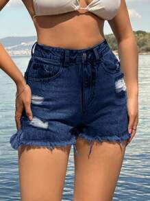 SHEIN Cottnline 100%Cotton Back Label Detailed Short With Destroy - Dark Wash - View 9