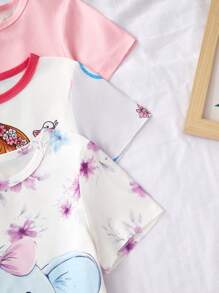 SHEIN 3pcs/Set Young Girl Floral Print Short Sleeve Shorts Cartoon Homewear Set - White - View 3