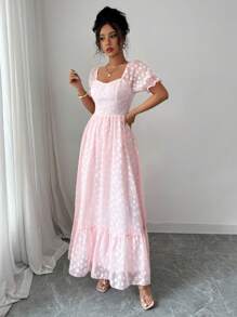 Modelyn Váy mùa hè ngọt ngào thanh lịch bằng vải jacquard tay bồng cho nữ, viền loe - Hồng - Xem 3