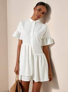 Zivah New Casual Vacation Spring And Summer Small Round Neck Ruffled Sleeves Five-Quarter Sleeves Asymmetric Hem Double-Layer Hem A-Hem Mini Skirt White Wave Stripe Women's Mini Dress-A