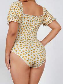 Flirla 夏季大码女式碎花荷叶边领短袖紧身衣 - 彩色 - 查看 3