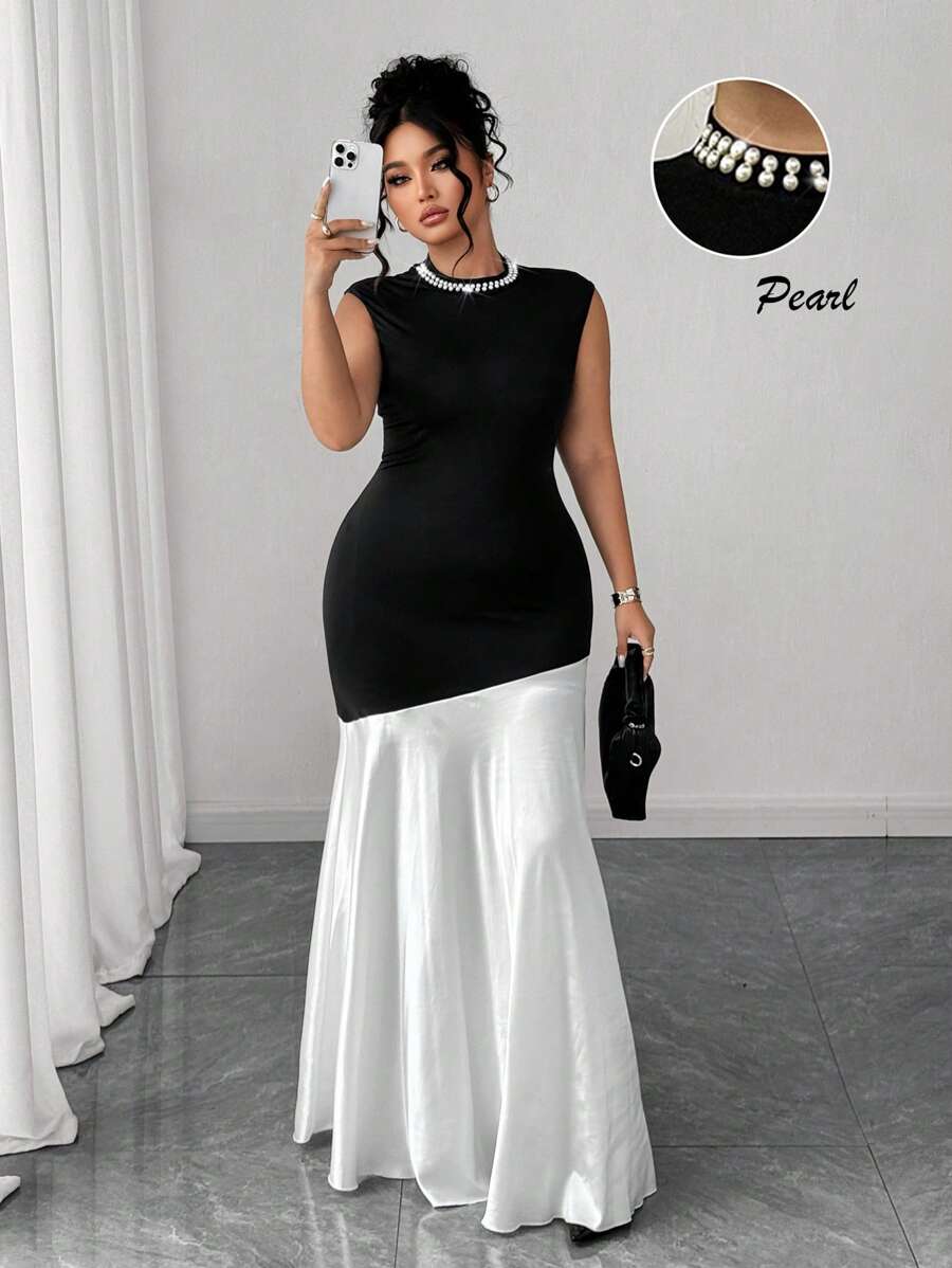 Elenzga Summer Fashionable French Retro Elegant Pearl Collar Color Block Waist Fitted Dress Women Plus Clothing Business Casual Women Casual Dress Women Birthday Outfit Women Dresses Birthday - Black - View 1