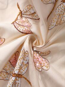 Franclia 女士优雅刺绣亮片装饰网眼无袖圆领短款 A 字连衣裙，杏色，夏季 - 杏色 - 查看 7