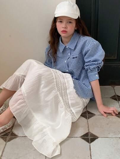 DAZY 2pcs/Set Little Girls Plaid Long Sleeve Shirt + Skirt Set, Fall Clothes,Back To School Clothes