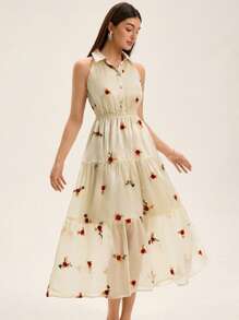 Aveloria Apricot Background Embroidered Standing Collar Half-Open Front Sleeveless Dress All Over Print  For Summer Spring Fall Autumn