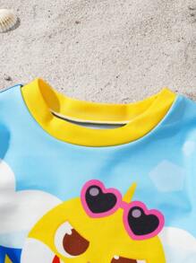 BABY SHARK X SHEIN 男童卡通鲨鱼图案短袖防晒衣和泳裤套装 - 彩色 - 查看 6