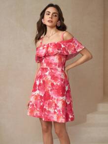 SHEIN Clasi Women's Ruffle Floral Print Ruffle Hem A-Line Dress