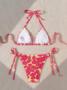Swim Mod Conjunto de bikini de verano con estampado de playa, cuello con lazo, diseño sexy y taza triangular con estampado aleatorio para mujeres - Multicolor - Ver 2