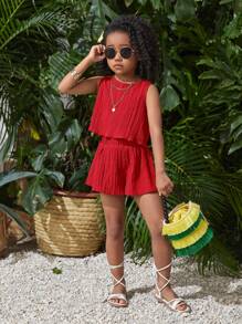 SHEIN Setelan 2 Potong untuk Anak Perempuan: Atasan Tank Top Tanpa Lengan Leher Bulat Warna Polos dan Celana Pendek Longgar Warna Polos - Merah - View 3