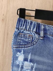 SHEIN Baby Pojke Sommar Casual Slitna Rivna Frayed Blå Knappar Framfickor Skinny Jeansshorts, Baby Vår/Sommar Vårlov Vardagskläder - Mediumtvätt - Visa 4