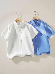 SHEIN Tween Boys' Front Button Casual Turn-Down Collar Simple Short Sleeve Shirt - White - View 1