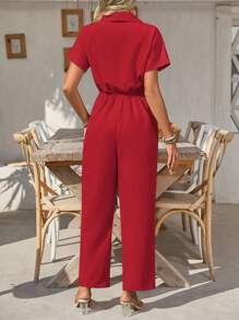 SHEIN Clasi 女式纯色短袖单排扣休闲连体裤 - 紅色 - 查看 2